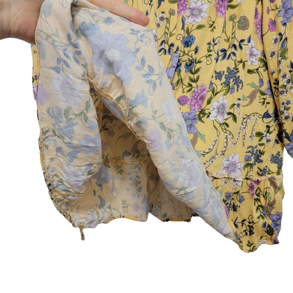 Democracy Yellow Floral Top 1x Off Shoulder Ruched Tie Sleeve 746 - Picture 9 of 12